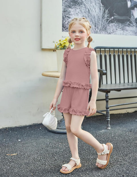 Arshiner Toddler Girls Clothes Ribbed Knit Ruffle Sleeveless Tops and Shorts with Pockets Cute Summer 2 Pieces Short Sets