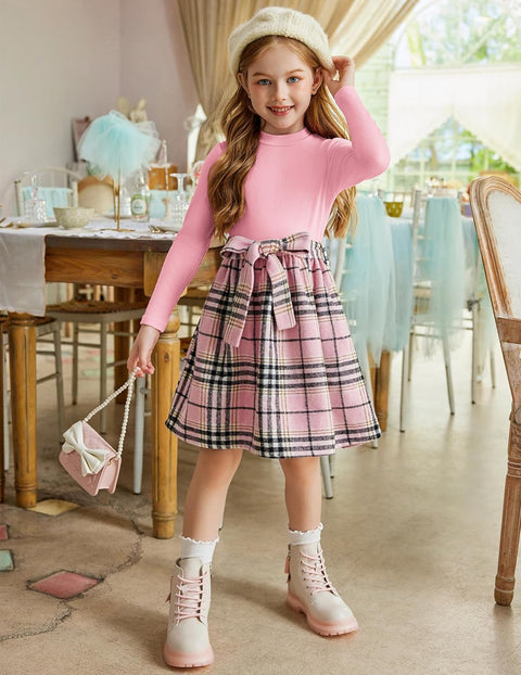 Arshiner Girls Dresses Long Sleeve Rib Knit Plaid Patchwork Belted Dress