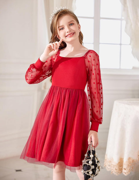 Arshiner Girl Tulle Dress Puff Long Sleeve Teen Girls Party Casual Dresses