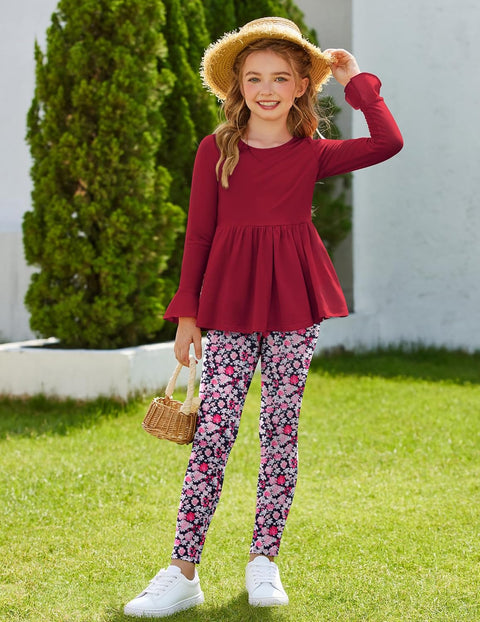 Arshiner Girls 2 Piece Set Floral Ruffle Hem Bell Sleeve Top and Leggings