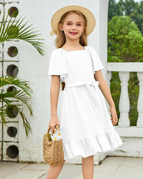 Arshiner Girls Dresses Kids Square Neck Ruffle Hem Belted Dress