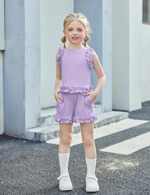 Arshiner Toddler Girls Clothes Ribbed Knit Ruffle Sleeveless Tops and Shorts with Pockets Cute Summer 2 Pieces Short Sets