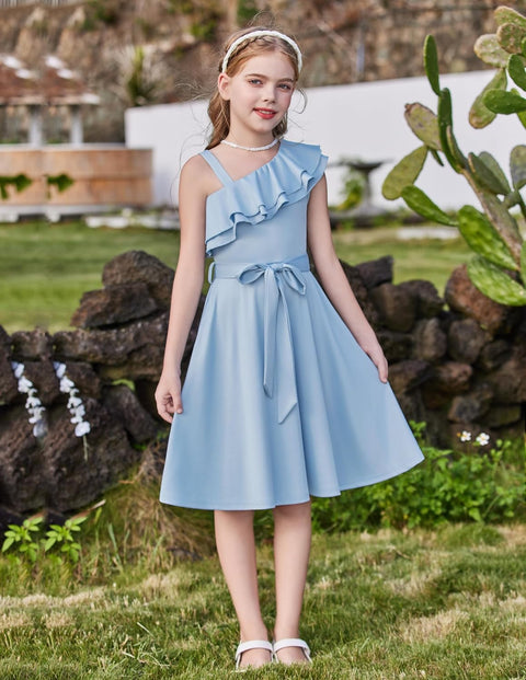 [5Y-12Y] Arshiner Girls Dress One Shoulder Formal Ruffle Trim Party Dresses