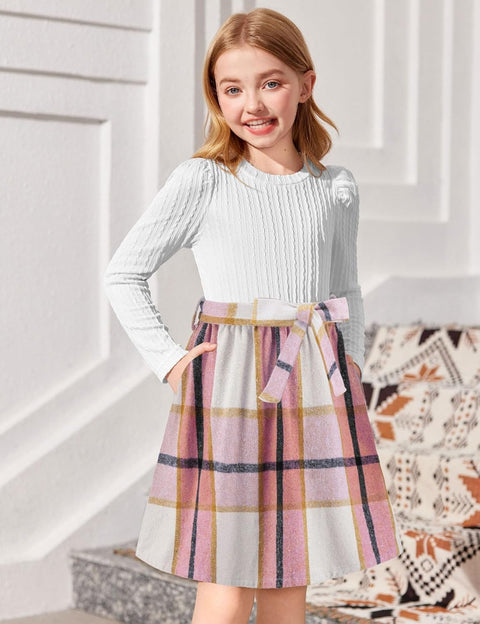 Arshiner Girls Dresses Puff Long Sleeve Rib Knit Plaid Belted Dress