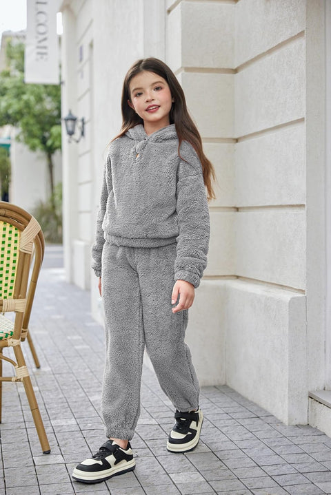 Arshiner Girls 2 Piece Outfits Fuzzy Bear Ear Hoodie Sweatshirt and Pant Sets