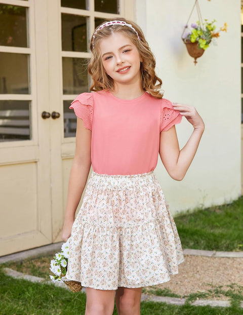 Arshiner Girls T Shirts Lace Petal Short Sleeves Kids Tops Tees