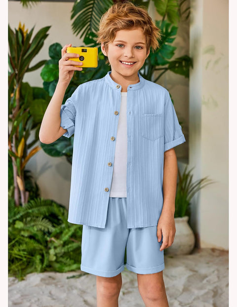 Arshiner Boy's 2 Piece Outfit Short Sleeve Textured Shirt and Short Sets