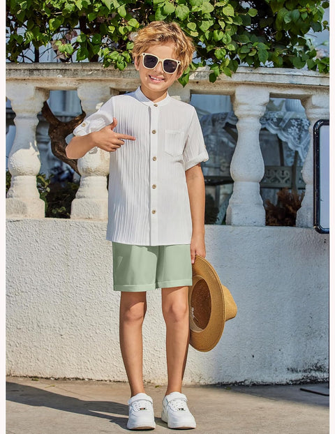 Arshiner Boy's 2 Piece Outfit Short Sleeve Textured Shirt and Short Sets