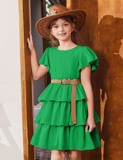 Arshiner Girls Dresses Elegant Ruffle Short Sleeve Back Tie Tiered Dresses