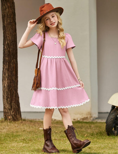 Arshiner Girls Dress Flutter RIC Rac Tiered Short Sleeve Dresses with Pockets