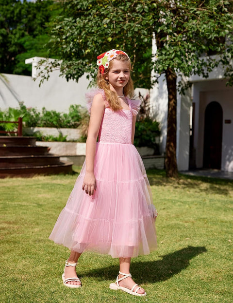 Arshiner Tween Girls Dress Ruffle Sleeve Elastic Straps Smocked Tulle Sundress