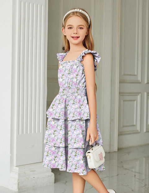 [6-14Y] Arshiner Girls Dresses Ruffle Flutter Sleeve Floral Tiered Party Dress