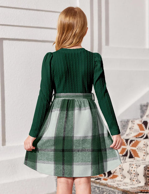 Arshiner Girls Dresses Puff Long Sleeve Rib Knit Plaid Belted Dress