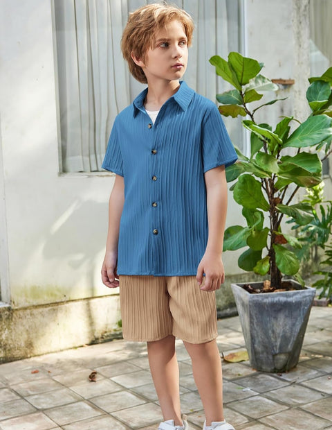 [5Y-12Y] Arshiner Boy's Textured Button Up Shirt and Shorts Set