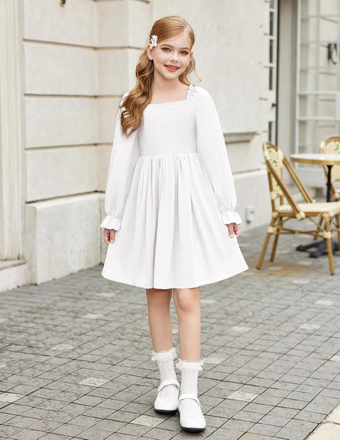 Arshiner Girls Long Sleeve Smocked Skater Elegant Dress with Pockets