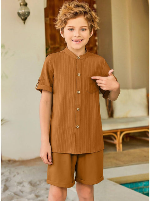 Arshiner Boy's 2 Piece Outfit Short Sleeve Textured Shirt and Short Sets