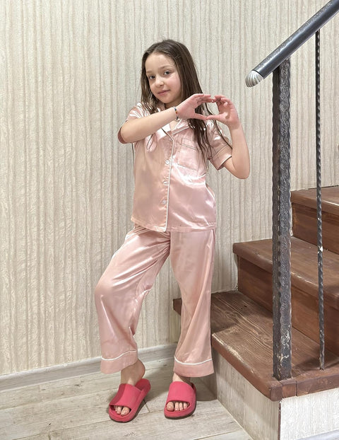Arshiner Girls Pajamas Silk Satin Button Down Pjs 2 Piece Short Sleeve Sleepwear Set
