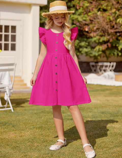Arshiner Girls Dress Flutter Sleeve A-Line Button Down Sundress