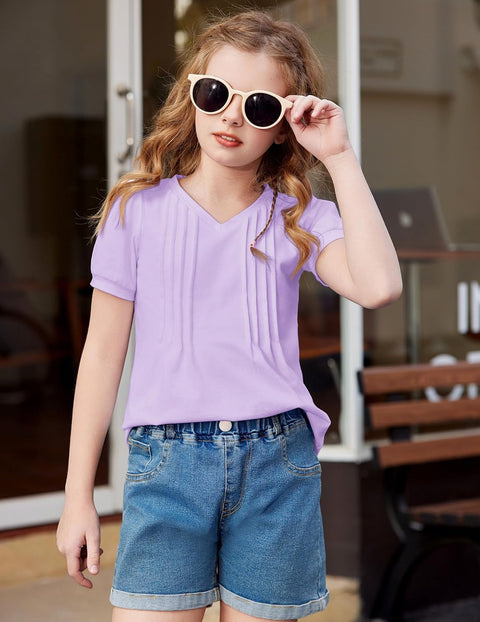 Arshiner Girls Puff Short Sleeve Shirts Pleated Tunic Top