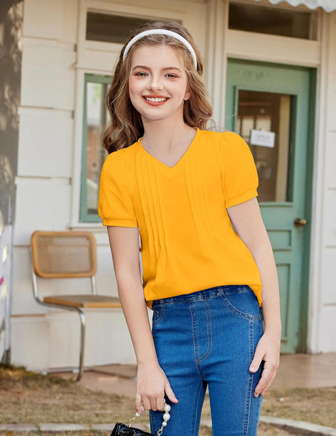 Arshiner Girls Puff Short Sleeve Shirts Pleated Tunic Top