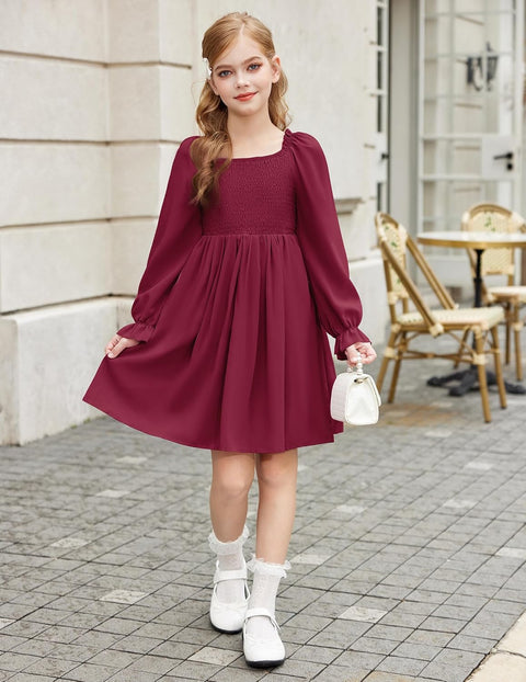 Arshiner Girls Long Sleeve Smocked Skater Elegant Dress with Pockets