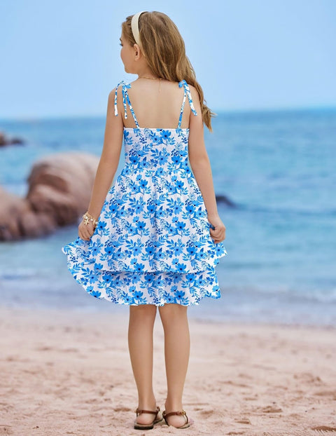 Arshiner Girls Dresses Flowy Tiered Ruched Smocked Back Midi Sundress