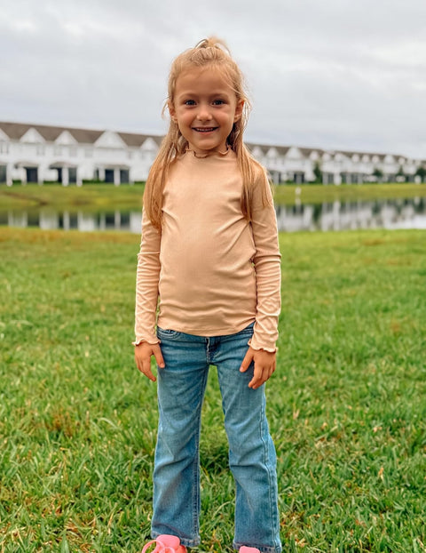 Arshiner Girls Lettuce Trim Mock Neck Ribbed Knit Tops