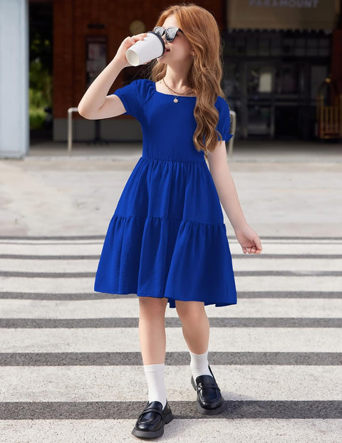 Arshiner Girls Dress Tie Back Short Sleeve Square Neck Tiered Midi Dresses