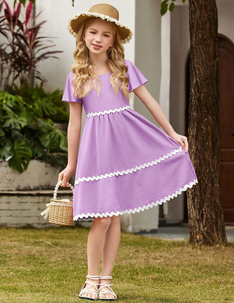 Arshiner Girls Dress Flutter RIC Rac Tiered Short Sleeve Dresses with Pockets