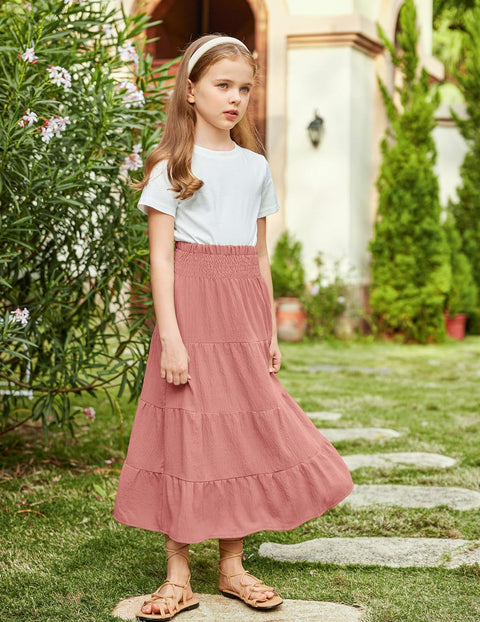 Arshiner Girls Maxi Skirt Summer Linen High Waist Tiered Boho Skirts with Pockets