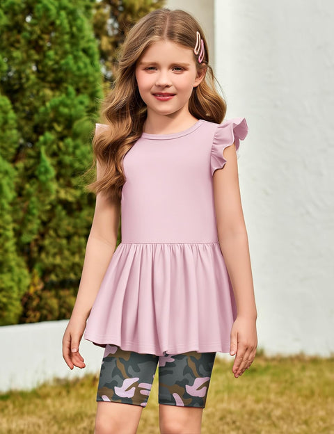 Arshiner Girls 2 Piece Outfit Ruffle Sleeve Peplum Top And Biker Shorts Set