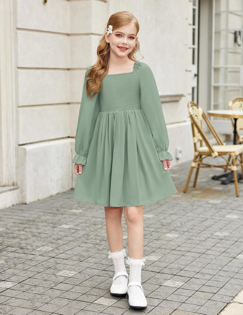 Arshiner Girls Long Sleeve Smocked Skater Elegant Dress with Pockets