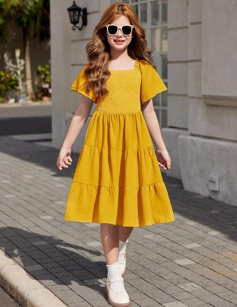Arshiner Girls Dress Boho Smocked Swing Flowy Ruffle Midi Dresses