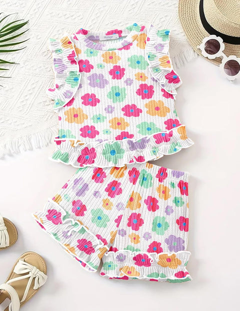 Arshiner Toddler Girls Clothes Ribbed Knit Ruffle Sleeveless Tops and Shorts with Pockets Cute Summer 2 Pieces Short Sets