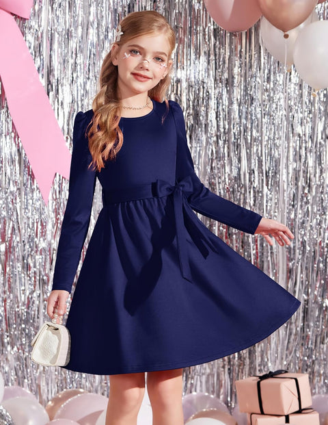 Arshiner Girls Dresses Puff Long Sleeve Formal Belted Dress