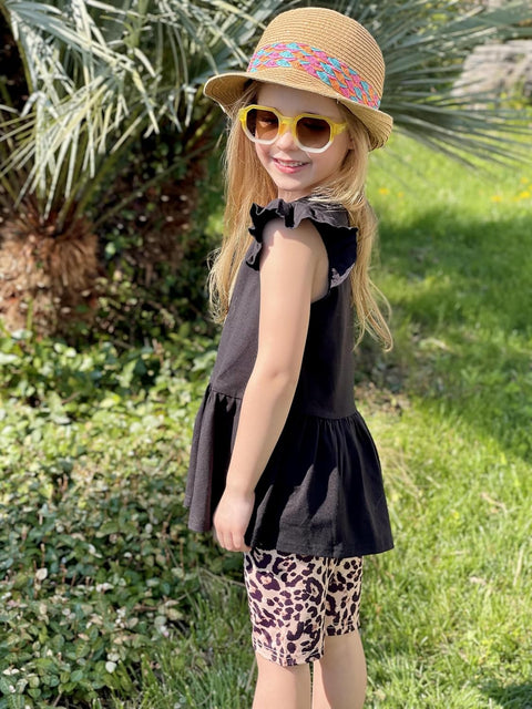 Arshiner Girls 2 Piece Outfit Ruffle Sleeve Peplum Top And Biker Shorts Set