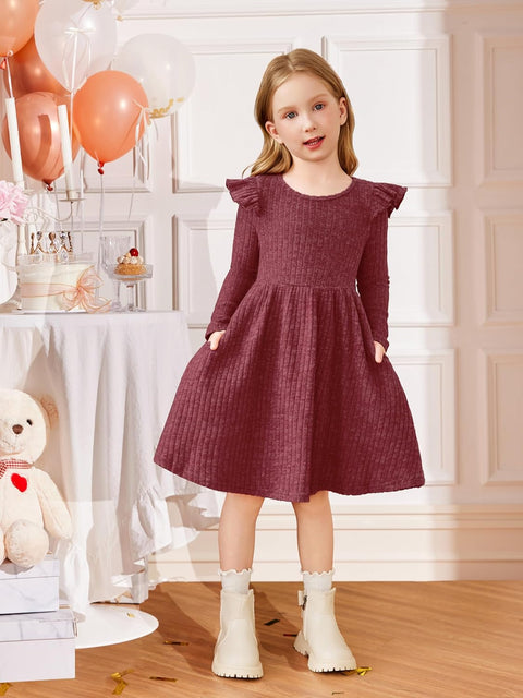 Arshiner Girl Dress Baby Girls Knitted Ruffle Sleeve Dresses