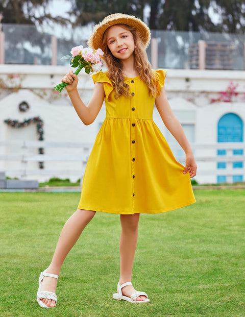 Arshiner Girls Dress Flutter Sleeve A-Line Button Down Sundress
