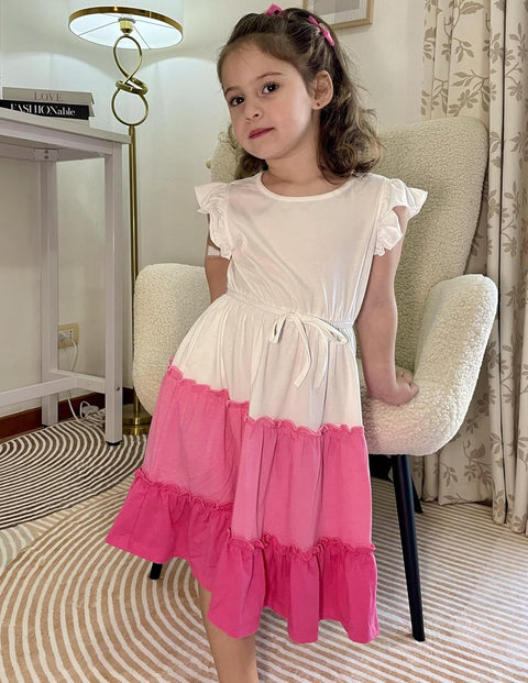 Arshiner Girl's Dress Ruffle Sleeve Tiered Dresses with Pockets 5-12 Years