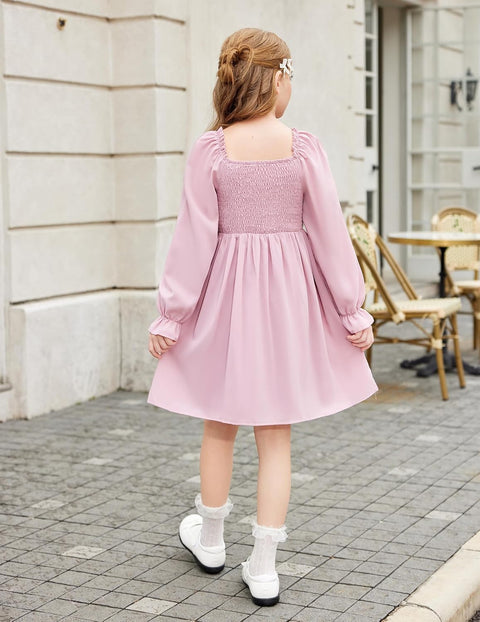 Arshiner Girls Long Sleeve Smocked Skater Elegant Dress with Pockets