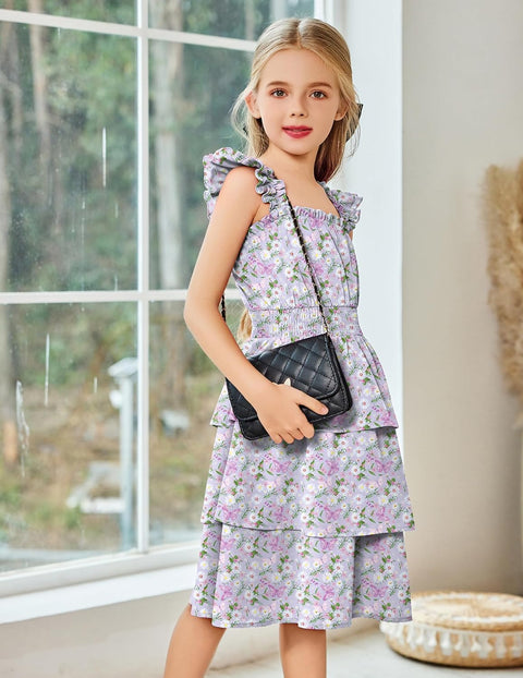 [6-14Y] Arshiner Girls Dresses Ruffle Flutter Sleeve Floral Tiered Party Dress