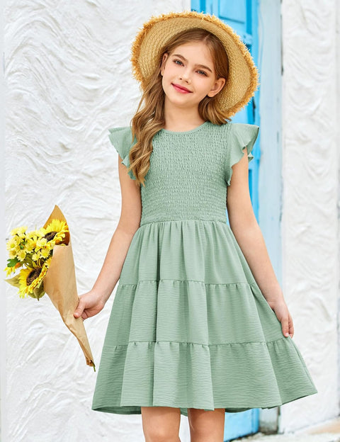 Arshiner Girls Dress Ruffle Sleeve Smocked Tiered Sundress