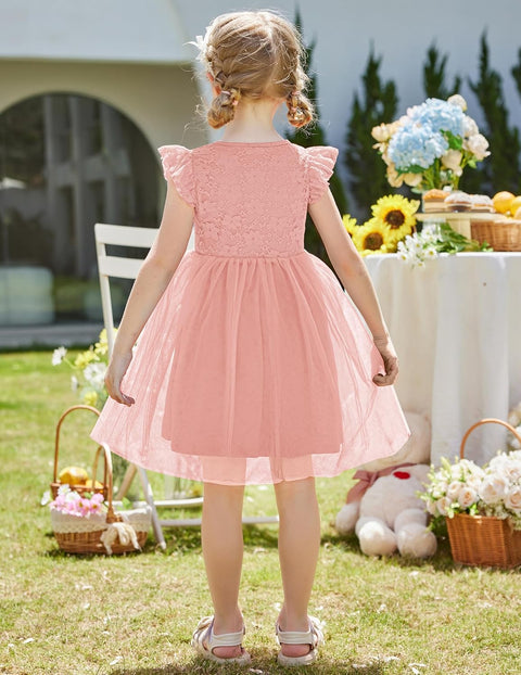 【2-8Y】Arshiner Toddler Lace Tutu Dresses Ruffle Sleeve 3 Layers Tulle Flower Dress