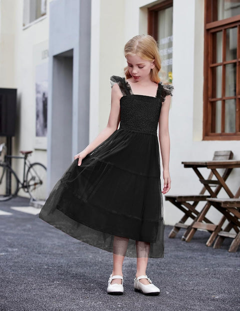 Arshiner Tween Girls Dress Ruffle Sleeve Elastic Straps Smocked Tulle Sundress