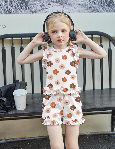 Arshiner Toddler Girls Clothes Ribbed Knit Ruffle Sleeveless Tops and Shorts with Pockets Cute Summer 2 Pieces Short Sets