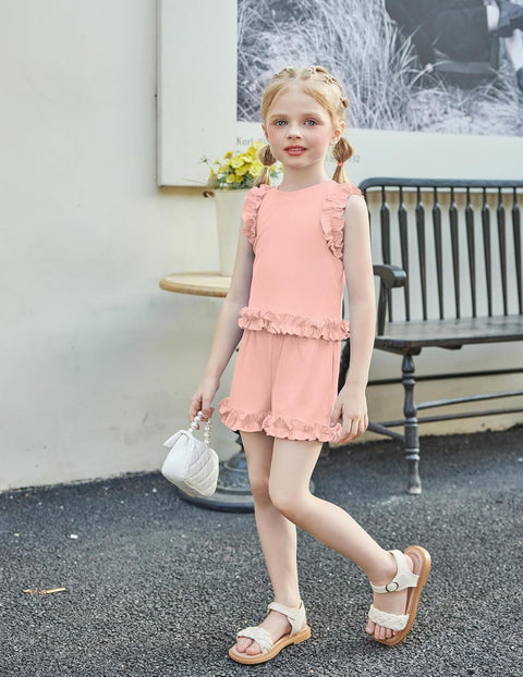 Arshiner Toddler Girls Clothes Ribbed Knit Ruffle Sleeveless Tops and Shorts with Pockets Cute Summer 2 Pieces Short Sets