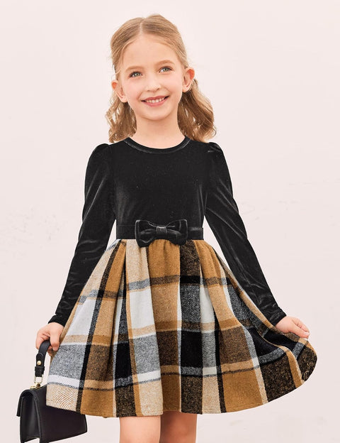 Arshiner Girls Dresses Velvet Plaid Patchwork Party Dress