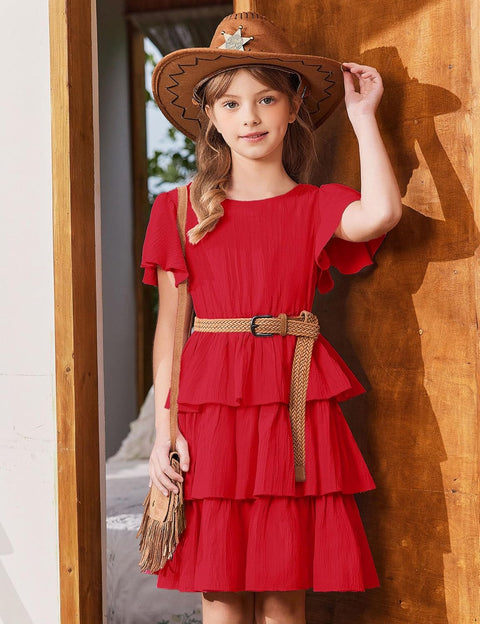 Arshiner Girls Dresses Elegant Ruffle Short Sleeve Back Tie Tiered Dresses