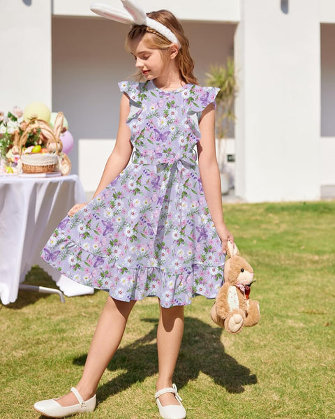 Arshiner Girls Belted Pockets Flutter Sleeve A-line Dresses