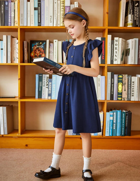 Arshiner Girls Dress Flutter Sleeve A-Line Button Down Sundress